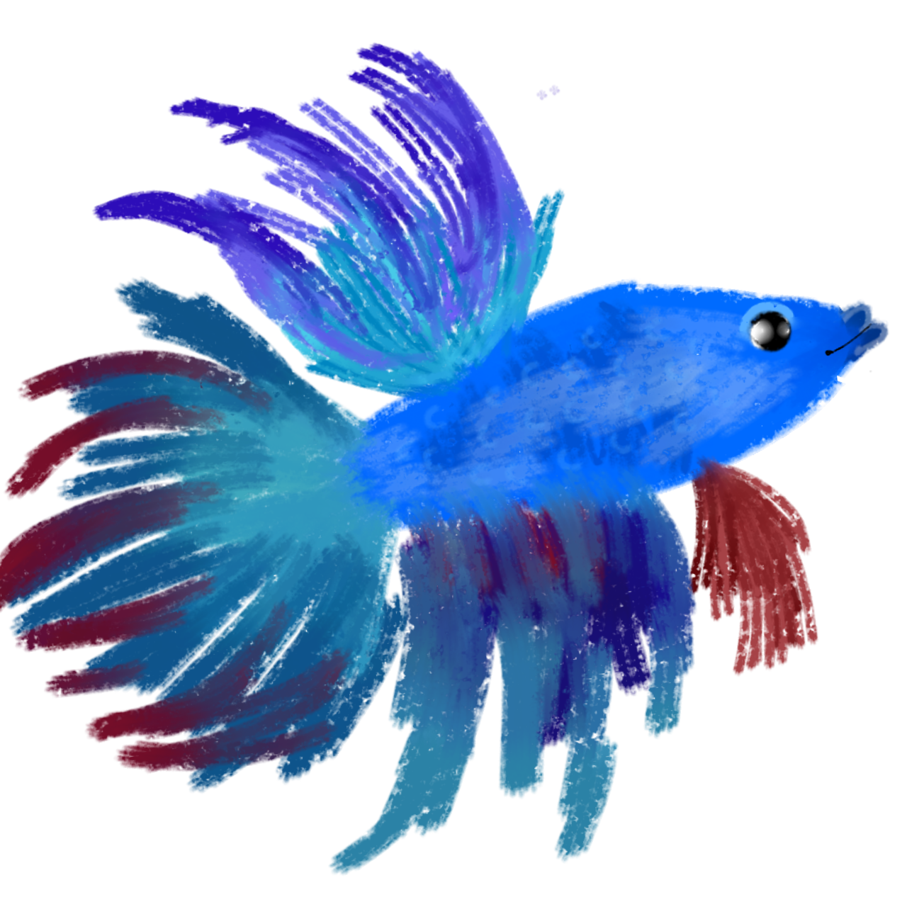 a digital drawing of a vibrant betta fish. The fish has a bright blue body with flowing, fan-like fins and tail. The fins are textured with strokes of purple, blue, and hints of red, giving them a feathery appearance. The fish has a round, expressive eye, and its small mouth is slightly open.